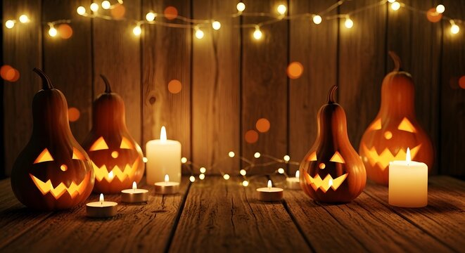 Enchanted Autumn Evening:  Candlelit Gourds on Weathered Wood