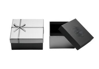 Elegant white gift box tied with ribbon next to open dark box isolated on transparent background