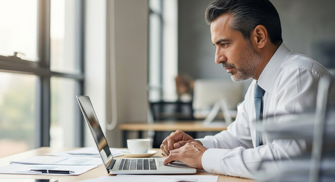 Focused senior businessman entrepreneur sitting at desk working on financial project, looking thinking at screen. Mature 50s Latin business man ceo manager using laptop computer in office. Copy space - Powered by Adobe