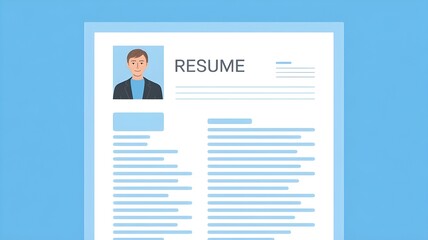 A light blue document, resembling a resume, dominates the frame, presented against a solid, slightly darker blue background. 