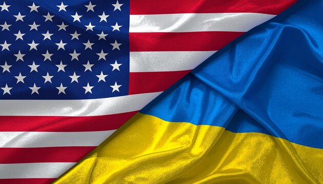 Side-by-side flags of United States and Ukraine with fabric texture and slight wrinkles, symbolizing diplomatic solidarity and international cooperation.