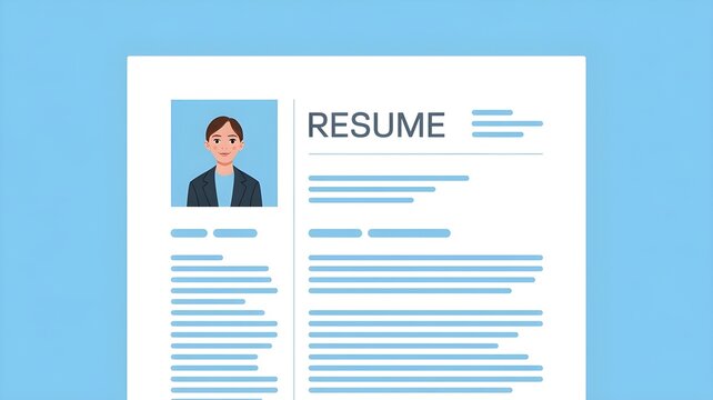 A light blue document, resembling a resume, dominates the frame, presented against a solid, slightly darker blue background