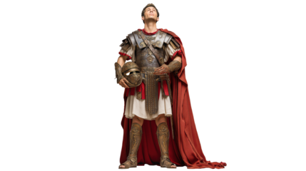 Roman centurion full body on transparent background, upright biblical soldier in full armor, isolated New Testament figure PNG.