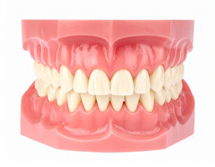 Obraz premium Realistic dental model showing upper and lower jaw with white teeth and pink gums anatomy