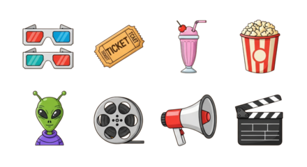 Movie night objects and alien illustration isolated on a transparent background cinema entertainment