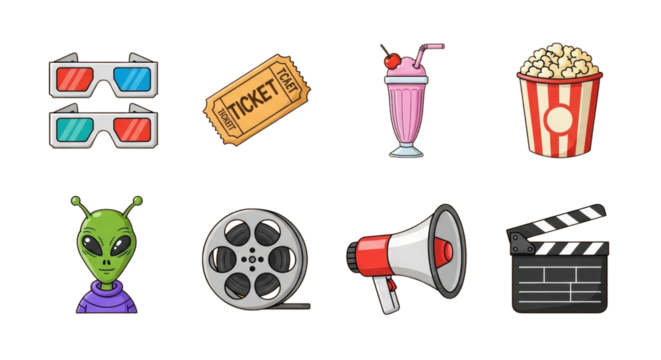 Movie night objects and alien illustration isolated on a transparent background cinema entertainment