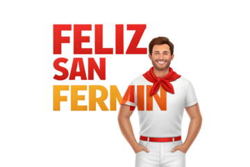 Feliz San Fermin man with text on shirt festival Spain PNG Transparent background