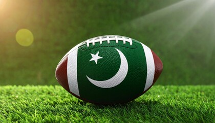 Rugby ball featuring Pakistan flag on grassy field under sunlight, symbolizing national pride and sports representation.