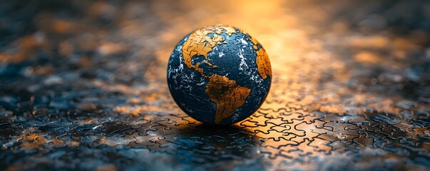 A conceptual globe made of puzzle pieces representing continents and oceans rests on a fragmented puzzle like surface