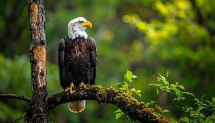 Bald eagle perched on mossy tree branch in forest with green foliage and sunlight, symbolizing strength, freedom, and natural majesty.