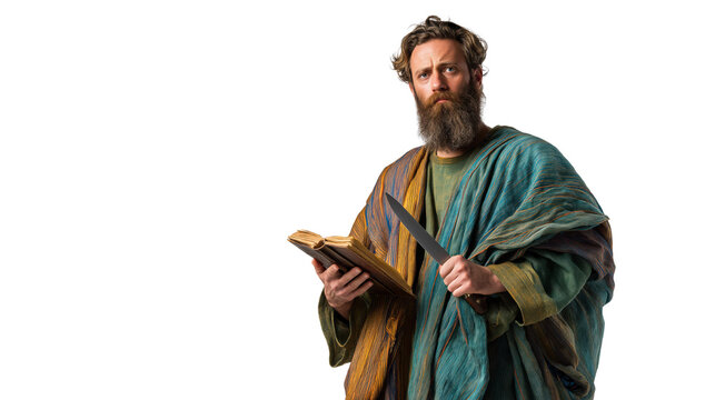 Bartholomew the Apostle full body on transparent background, biblical disciple holding closed book and symbolic knife, isolated New Testament character PNG.