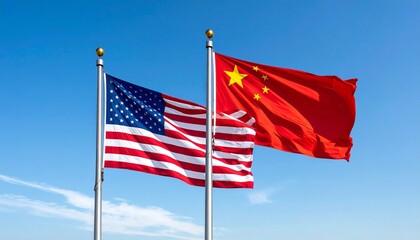 Flags of United States and China flying side by side against clear blue sky, symbolizing diplomatic relations and global power dynamics.