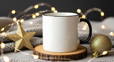 White mug with black rim on wooden stand with christmas lights and ornaments