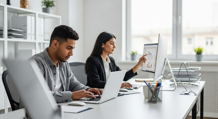Focused young professional it specialist latin hispanic business working on laptop pc sitting at desk in modern office. Middle eastern indian woman using computer technology app for work. Copy space