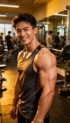Muscular male bodybuilder in gym, smiling, with blurred workout background