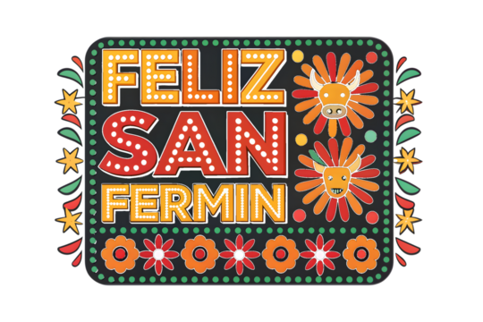 Feliz San Fermin neon sign with bulls and flowers festival Spain PNG Transparent background