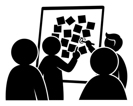 Team brainstorming at board with sticky notes, collaborative workshop silhouette &ndash; vector illustration