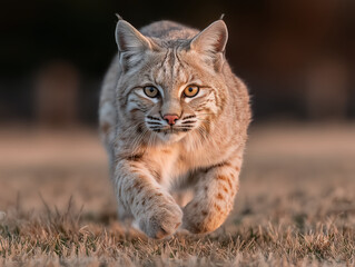 Naklejka premium bobcat pouncing on rabbit in grassy meadow