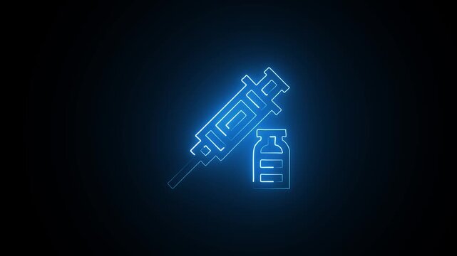 Neon Syringe and Vial Blue Glowing Vaccine Icon Digital Medical Injection Luminous Medicine Bottle Vaccination in Neon.
