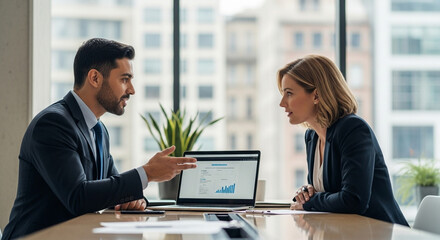Mature Latin business man and European business woman discussing project on laptop gadget in office. Two diverse partners, colleagues, team of confident professional business people work together.