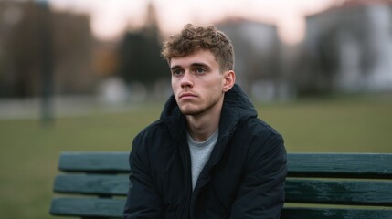 Obraz premium A contemplative Caucasian male broods on a park bench, embodying introspection, World Philosophy Day, and chilly November whispers