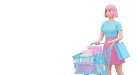 Pink haired woman pushing shopping cart with gifts isolated on a transparent background blue
