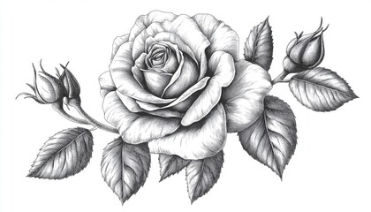 Stunning Monochrome Black And White Rose On White Background: Hand-Drawn Contour And Details Of A Elegant Flower. Classic And Timeless Design.