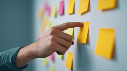 A contemplative hand hovers over vibrant sticky notes, embodying brainstorming chaos and Kanban-inspired creativity amid Global Organize Your Home Day