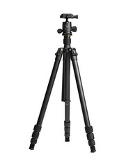 A matte black carbon fiber studio tripod with unevenly extended legs, rubber feet, and ball head angled right, isolated on transparent background.
