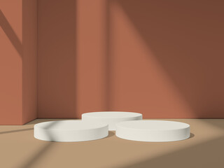 Three white podiums in an earthy-toned space, ideal for product placement in modern settings.