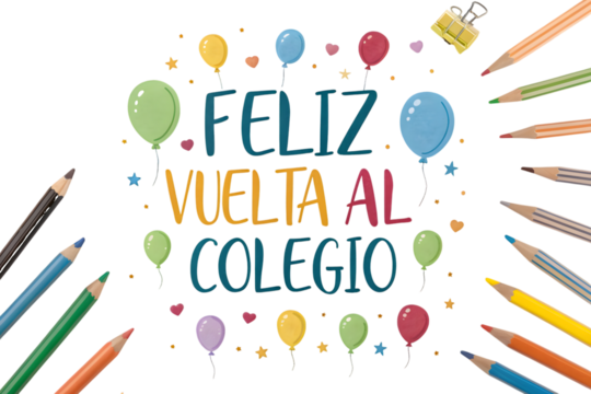 Feliz Vuelta Al Colegio With Balloons And Pencils Keywords: Feliz Vuelta PNG Transparent background