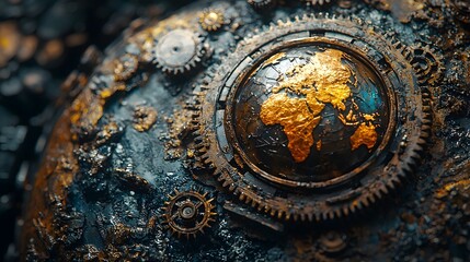 Steampunk Earth globe with intricate mechanical gears and rusted metallic textures
