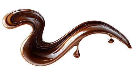 Glossy chocolate flow shaped into an S-curve, with two droplets detaching at the end, isolated on transparent background.
