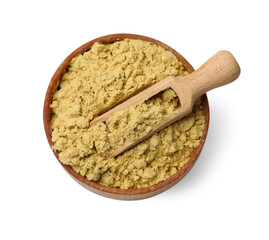 Dry powdered mustard in bowl isolated on white, top view