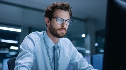 A focused Caucasian man in corporate attire gazes at the glowing screen, embodying the labyrinth of National Employment Week