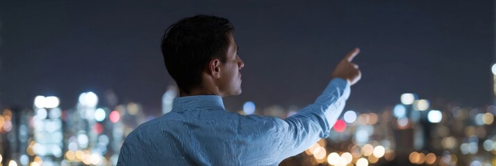 Urban dreamer gazing skyward; nocturnal reverie, city skyline glow, South Asian male, Diwali's luminance sparks wanderlust, cosmic pondering