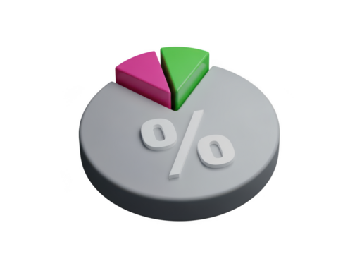 3d pie chart showing percentage data with pink and green slices isolated on transparent background