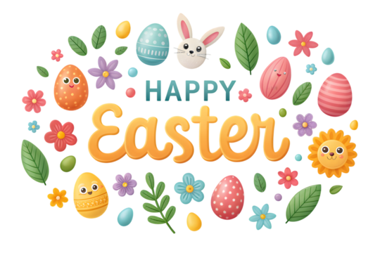 Happy Easter Bunny Eggs and Flowers holiday celebration PNG Transparent background