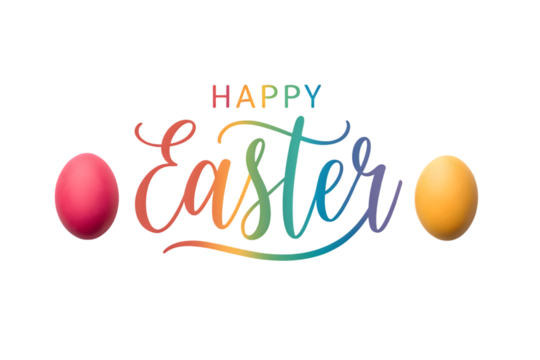 Happy Easter Rainbow Calligraphy and Eggs holiday celebration PNG Transparent background - Powered by Adobe