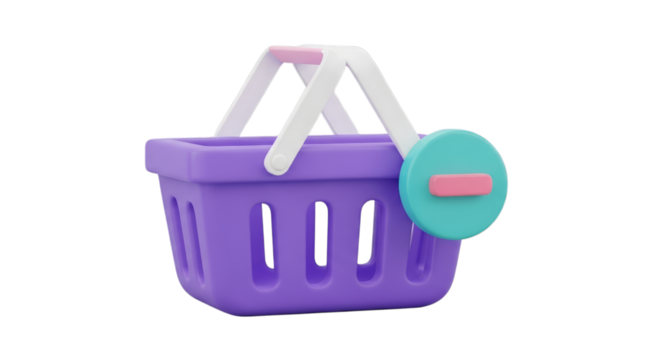 Purple shopping basket with delete icon isolated on a transparent background white pink