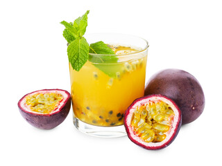 Tasty passion fruit drink with mint and fresh fruits isolated on white