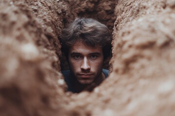 ``` Reflective gaze of earnest Caucasian male amidst earthy trench, evoking themes of self-discovery and World Listening Day```