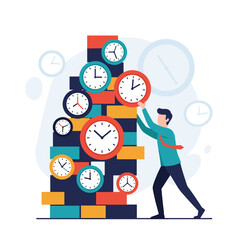 Man Stacking Clocks Representing Time Management and Deadlines.
