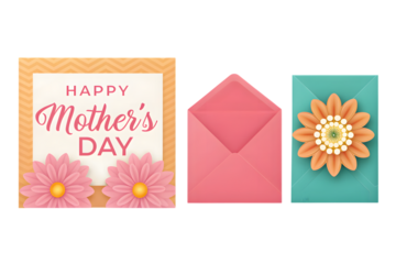 Happy Mother's Day card with flowers and pink envelope mothers day PNG Transparent background