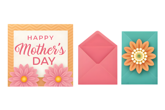 Happy Mother's Day card with flowers and pink envelope mothers day PNG Transparent background
