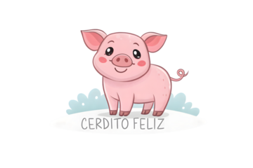 Happy Piglet with Text Cerdito Feliz animal cartoon PNG Transparent background