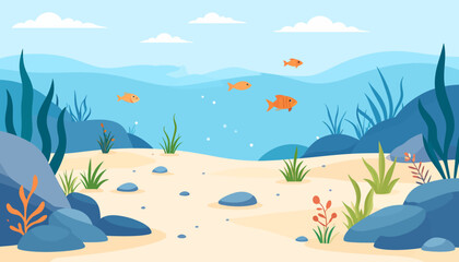 Underwater Scene Illustration with Fish, Rocks, and Seaweed