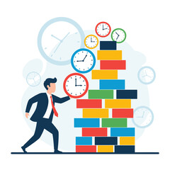 Man Building Tower of Time with Clocks and Blocks.