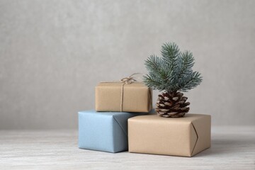 Wrapped gifts with pinecone and evergreen sprig, evoking cozy Hygge vibes and Winter Solstice celebrations, nestled in minimalist elegance