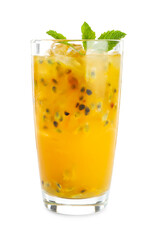 Tasty passion fruit drink with mint isolated on white